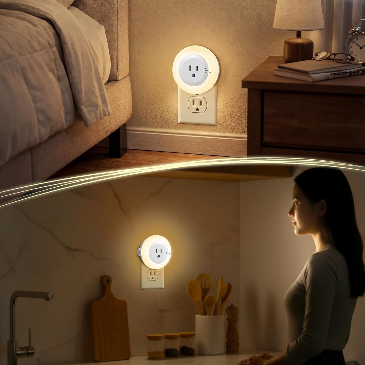 2 Pack Night Lights Plug Into Wall, Plug in Led Night Light with Outlet and Dusk to Dawn Sensor, 3 Level Warm Light Dimmable Nightlights, for Adults Kids Bedroom, Hallway, Living Room, Kitchen