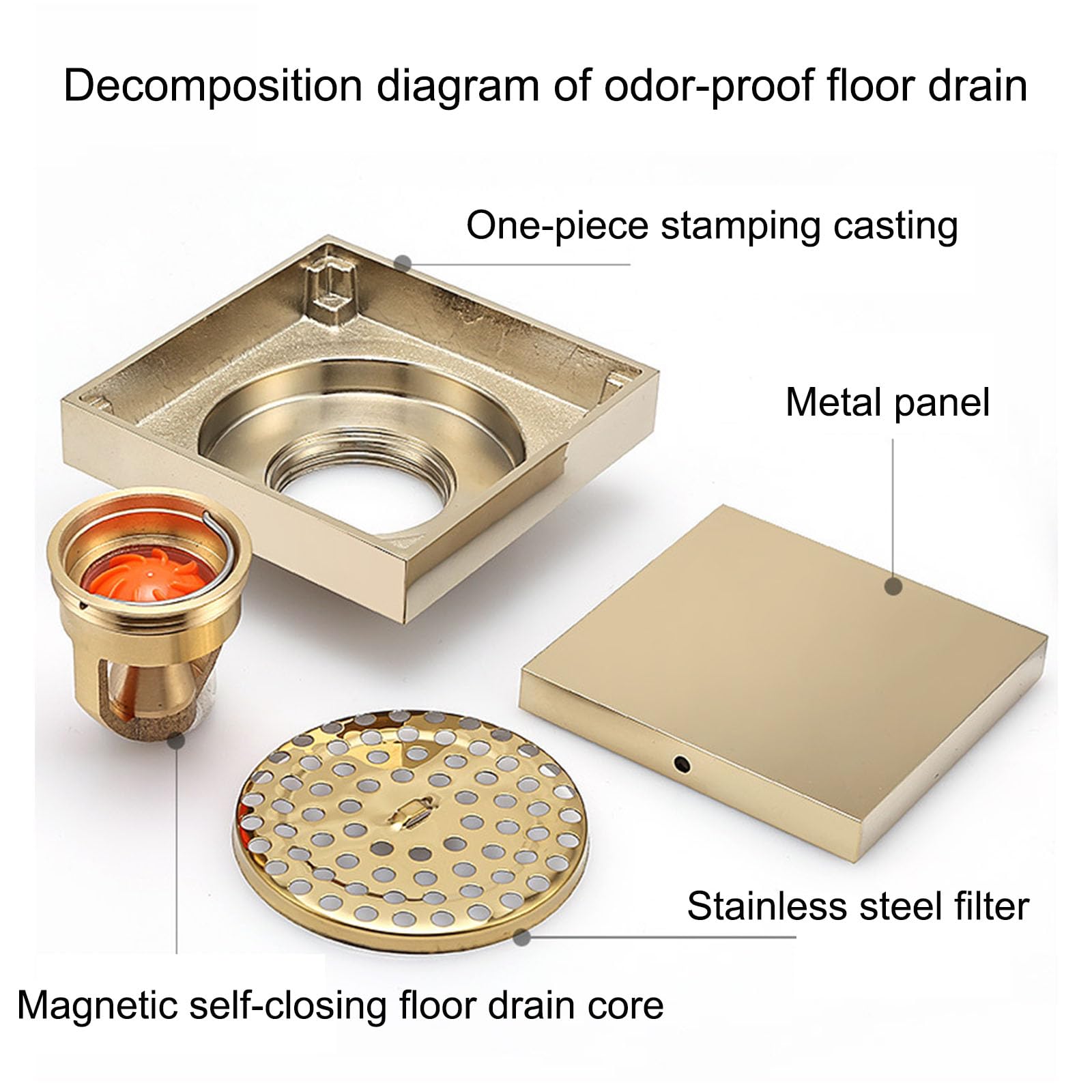 Siphon De Sol Carré De 4 inch, Laiton Résistant Aux Odeurs Invisible Type D'insertion De Carrelage Siphon Douche Droit, avec Filtre À Cheveux, Convient pour Salle De Douche Et Toilettes,3.93 inch,A