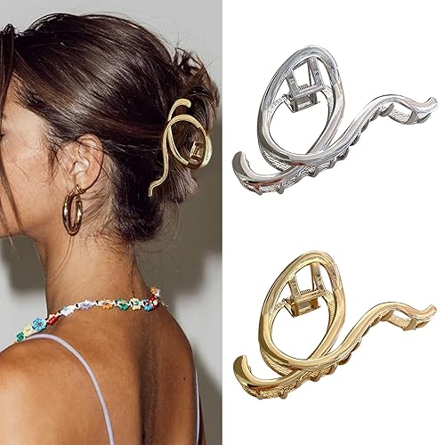 SEMATA 2 pinzas de metal para el cabello para mujer, clip de garra para cabello grueso y fino, pinzas de metal de 4.53 pulgadas, oro y plateado,