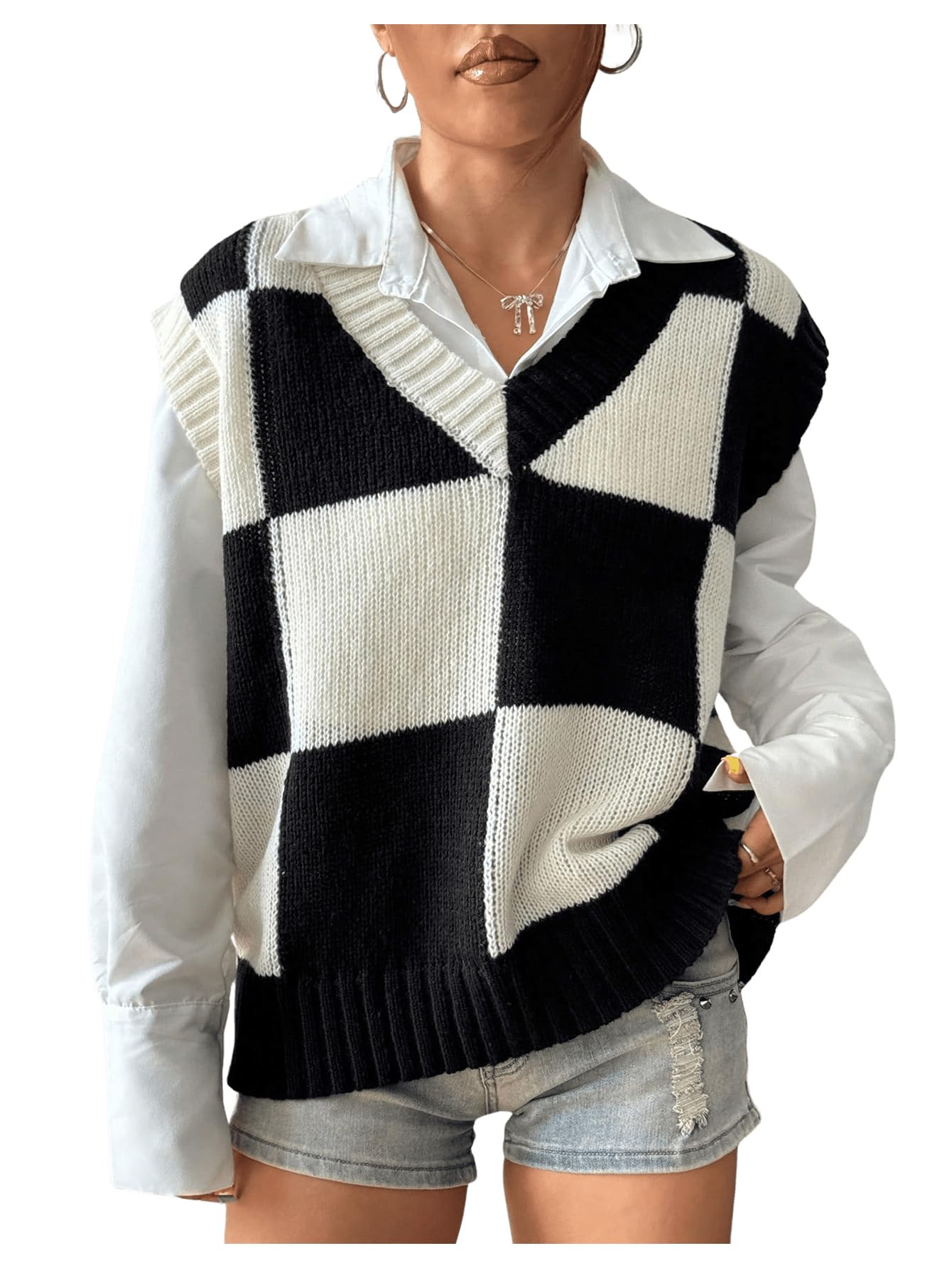Verdusa Womens Checkered Sweater Vest Old Money Knit Tops 2025 Fall Trendy Cap Sleeve Sweater Vest