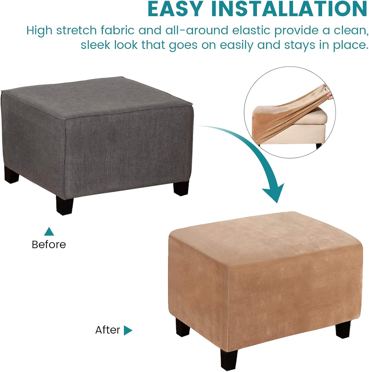 ele ELEOPTION Super Stretch Soft Form-Fit Ottoman Cover Rectangle - Ottoman Slipcovers for Foot Stool & Folding Storage Furniture for Living Room with Nonslip Elastic Bottom(XL, Camel)