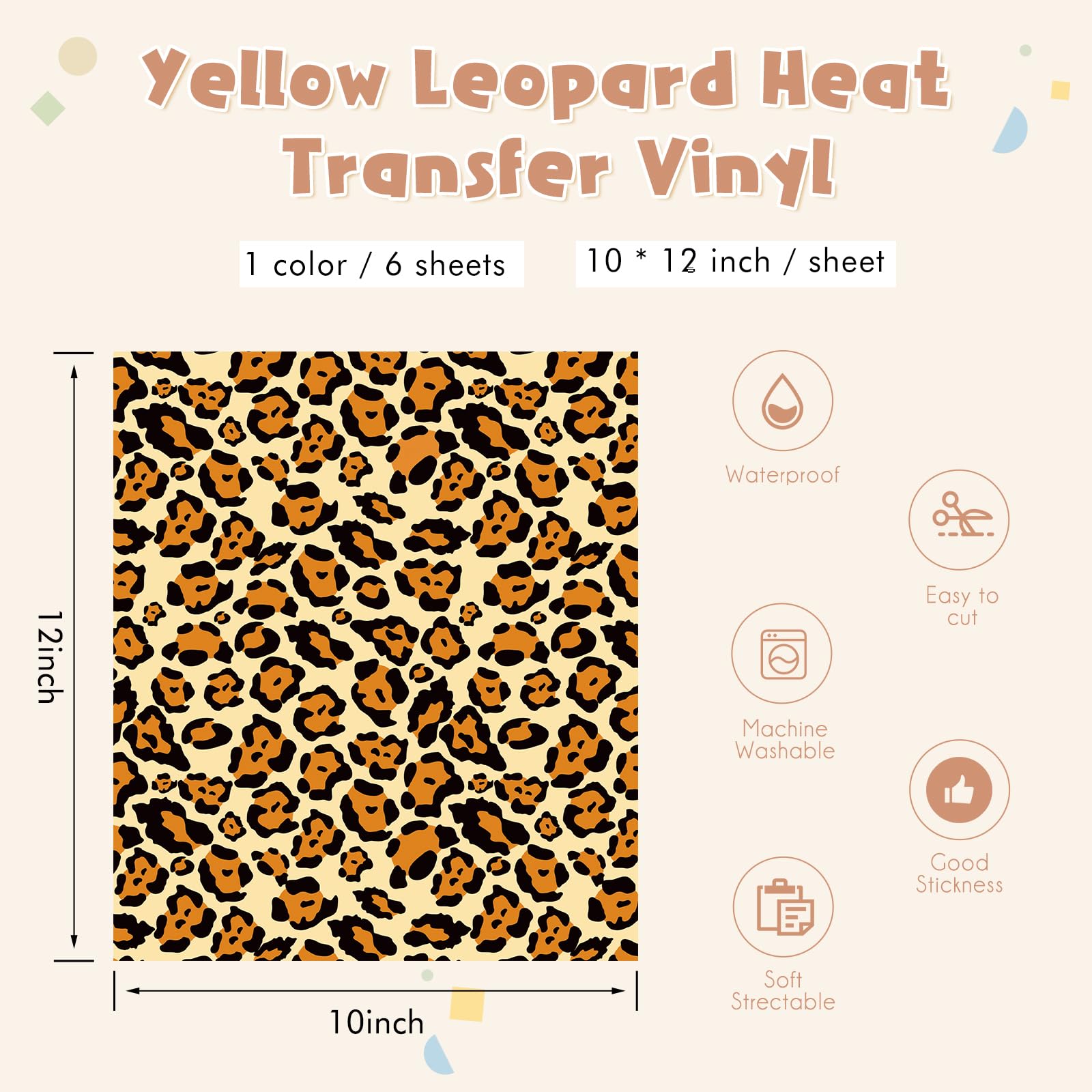 Tintnut Vinilo de transferencia de calor de leopardo HTV – 6 hojas de 12 x 10 pulgadas, vinilo de transferencia de calor de guepardo safari HTV animal impreso vinilo para camisetas compatibles con