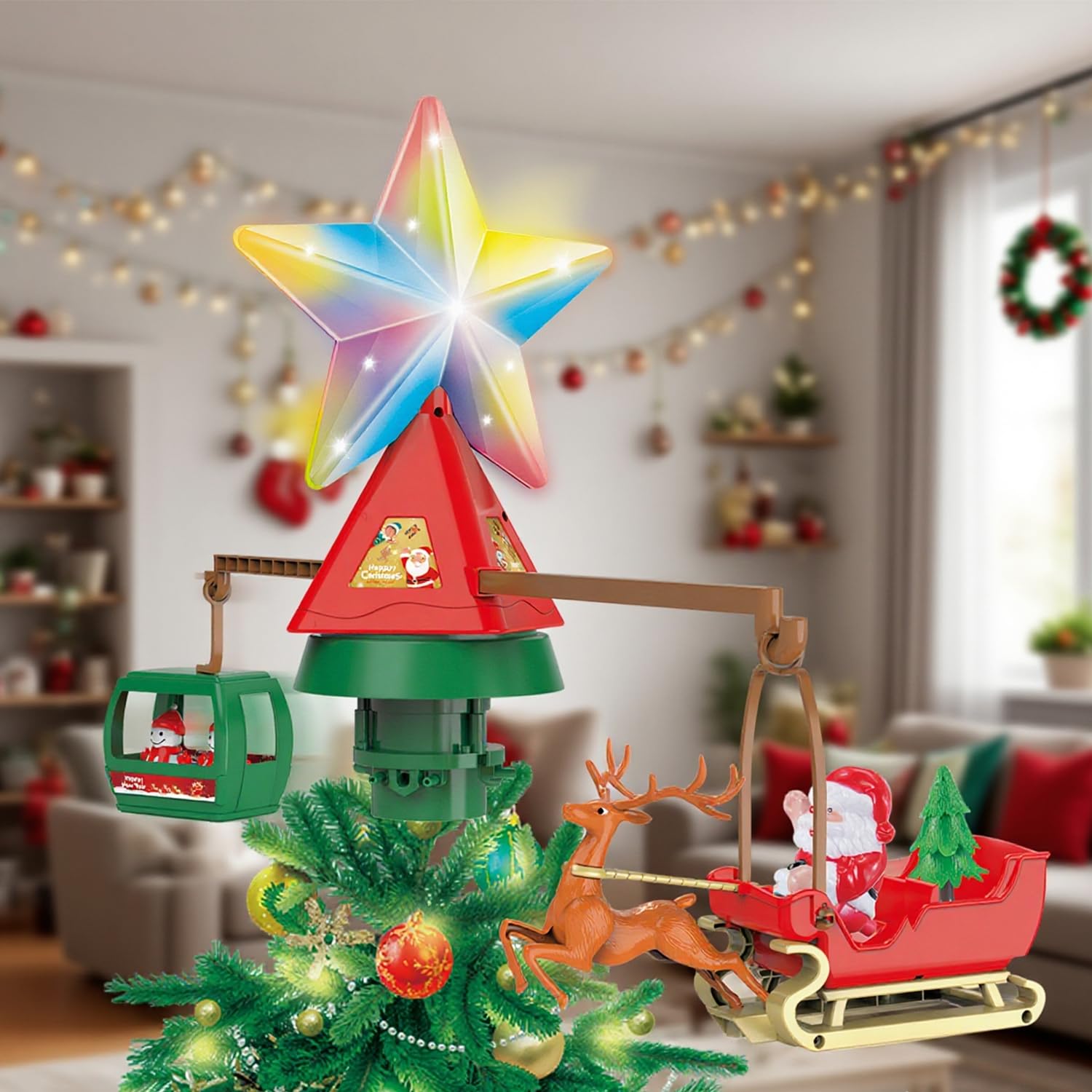 Decoración para árbol de Navidad iluminada, ciervo y trineo, luz giratoria y decoración superior del árbol de música, estrella iluminada para decoración de fiestas de Navidad