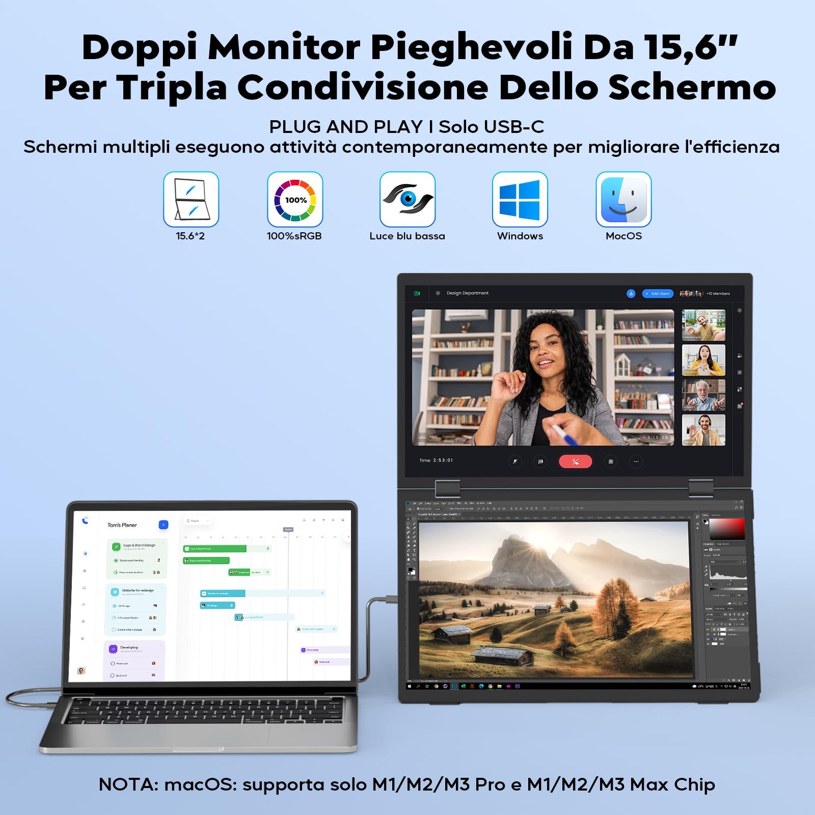 HONGO 15.6" Monitor Portatile, Doppio Schermo Portatile FHD 1080P, Folding Triple Monitor Supporto Wins/Mac con USB Tipo C, 100% sRGB Laptop Monitor Automatica di 180°/360° Nessun Driver Richiest