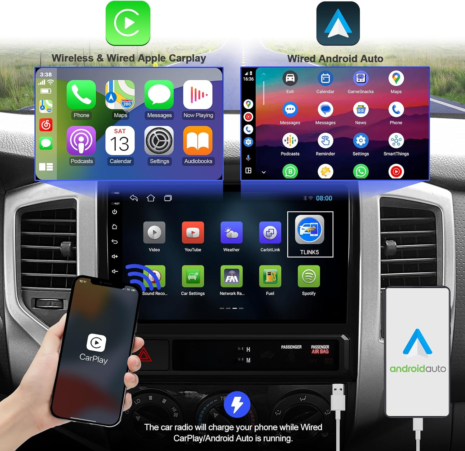 2+32G Android 13 Double Din Car Stereo for Toyota Tacoma 2005-2013 with 9 Inch Touchscreen Radio Built-in Wireless Carplay/Android Auto/GPS/Bluetooth/FM/AUX-in/Steering Wheel Controls/Backup Camera