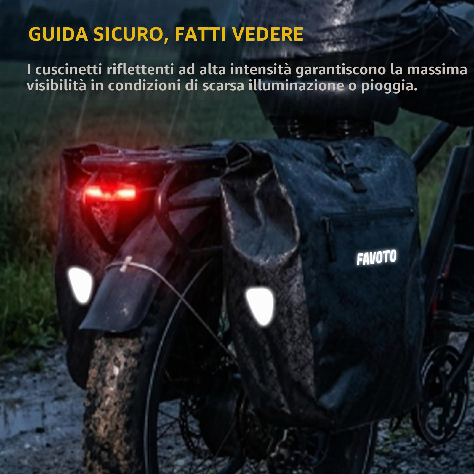 Favoto Borsa per Portapacchi Posteriore Bicicletta, 56L (2×28L) | Impermeabile, 48L, design riflettente e sgancio rapido con borsa interna. Adatta per bici elettriche e mountain bike