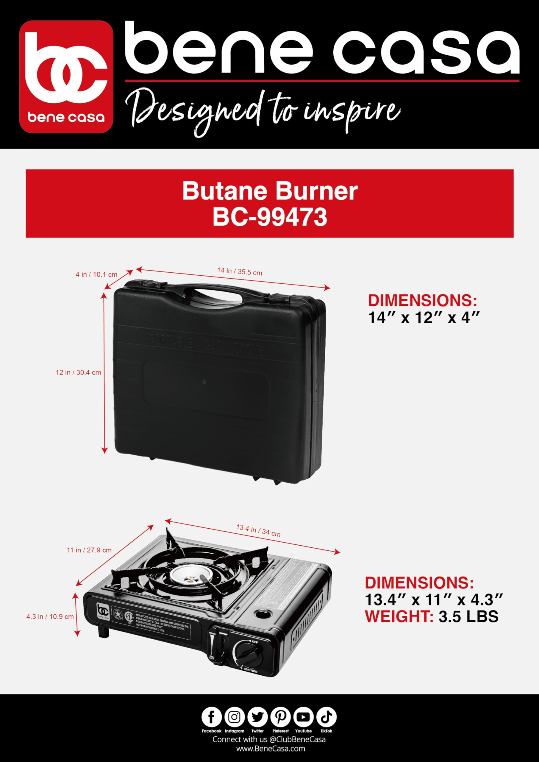 Bene Casa Portable Butane Burner 7,650 BTU | Safe & Efficient Cooking with Wind Guard & Safety Lock | Includes Portable Carrying Case