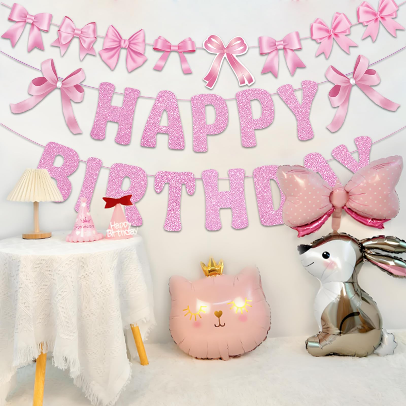 ZYEKIU Happy Birthday Decorazioni con Fiocchi Rosa, Striscione Buon Addobbi Compleanno, Striscione per Festa di Compleanno per Ragazze, Sognante Decorazioni Banchetti Feste a Tema