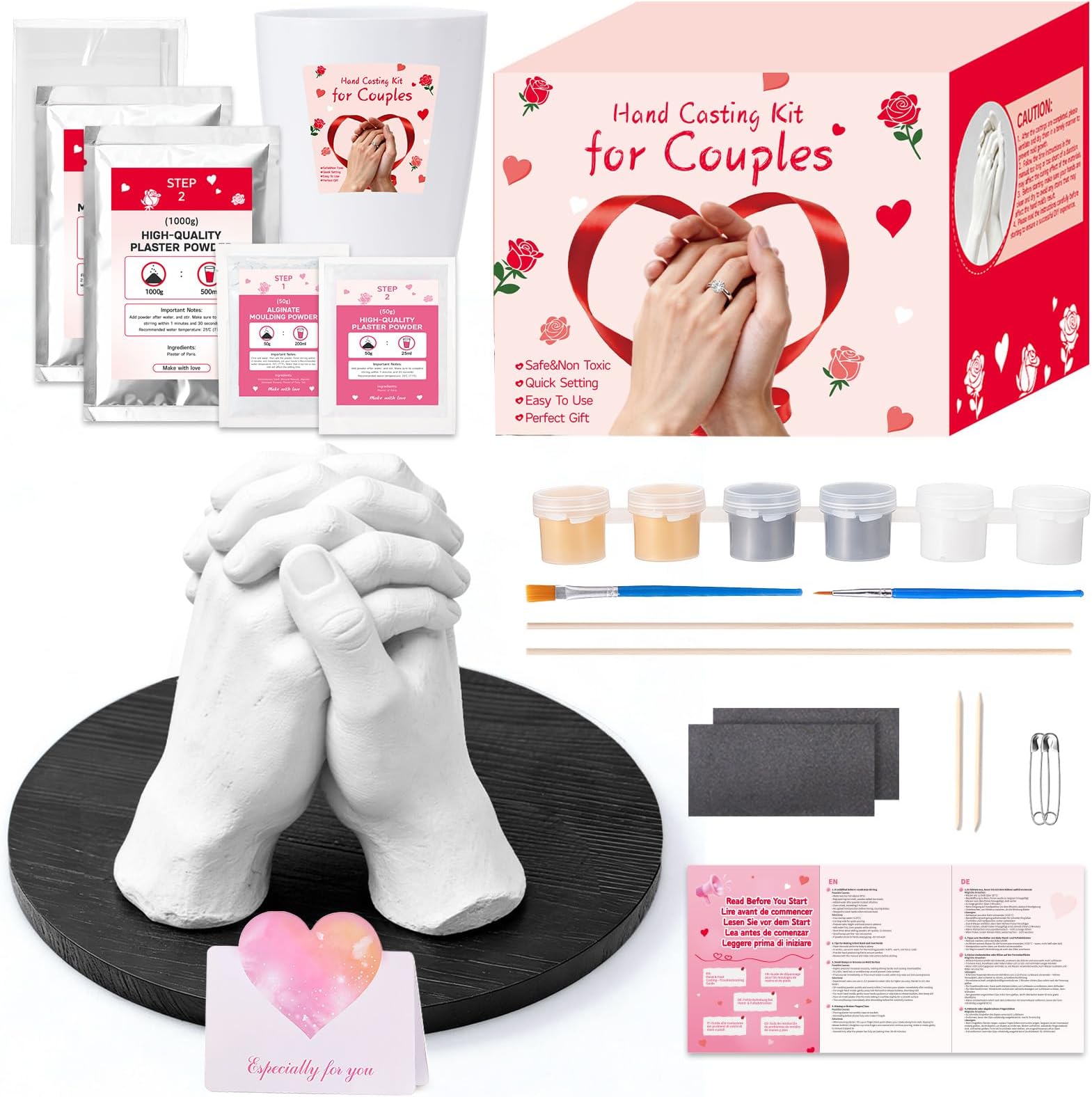 Hand Casting Kit for Couples with Base & Paints, Includes Trial Size, Hand Mold Kit Couples Perfect for Valentine's Day Gifts, Anniversaries, Romantic Date Night DIY