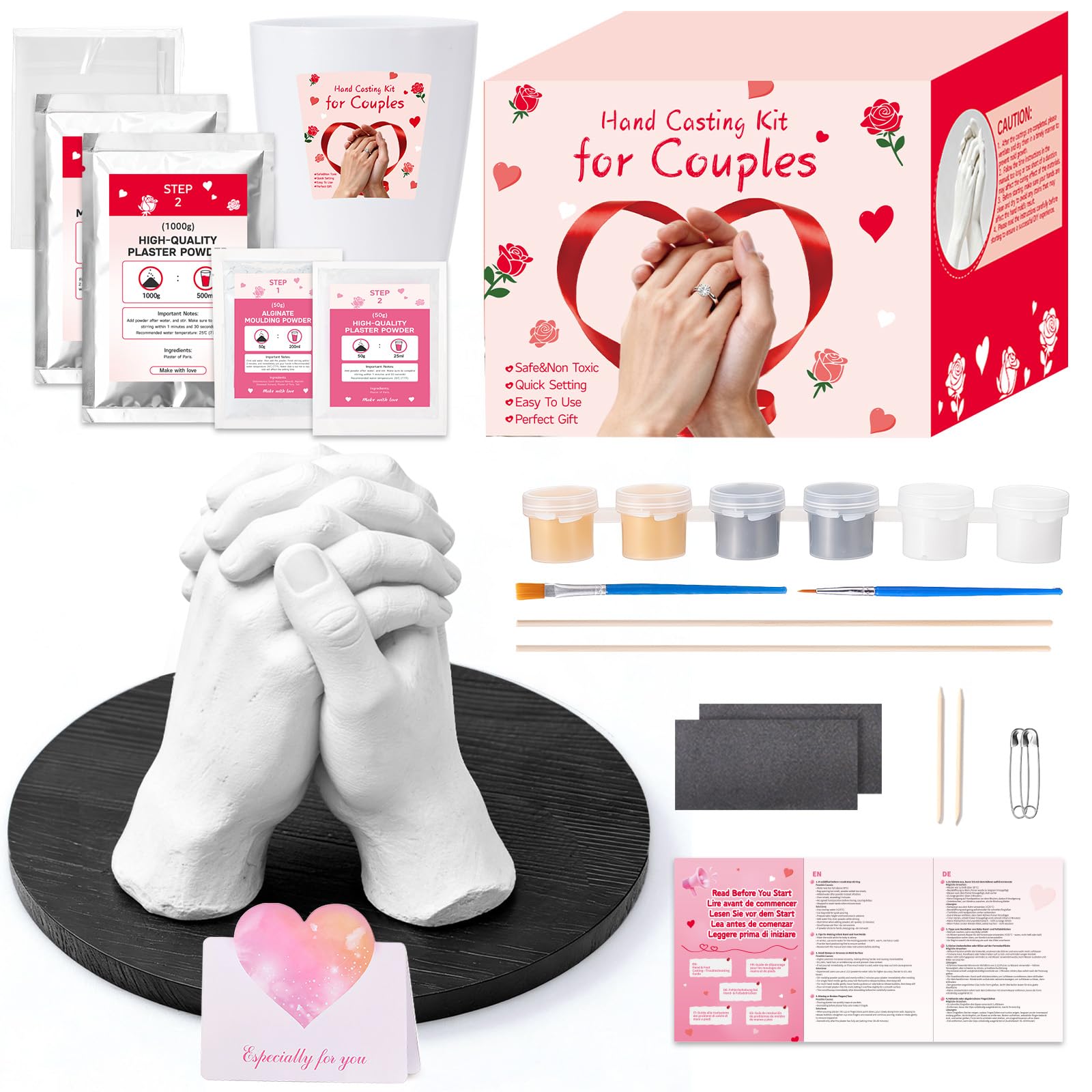 Hand Casting Kit for Couples with Base & Paints, Includes Trial Size, Hand Mold Kit Couples Perfect for Valentine's Day Gifts, Anniversaries, Romantic Date Night DIY