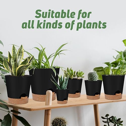Miniatura 7 de Macetas de riego automático para interiores con agujeros de drenaje y platillos, 8, 7, 6.5, 6, 5.5, 5 pulgadas, color negro, 6 macetas