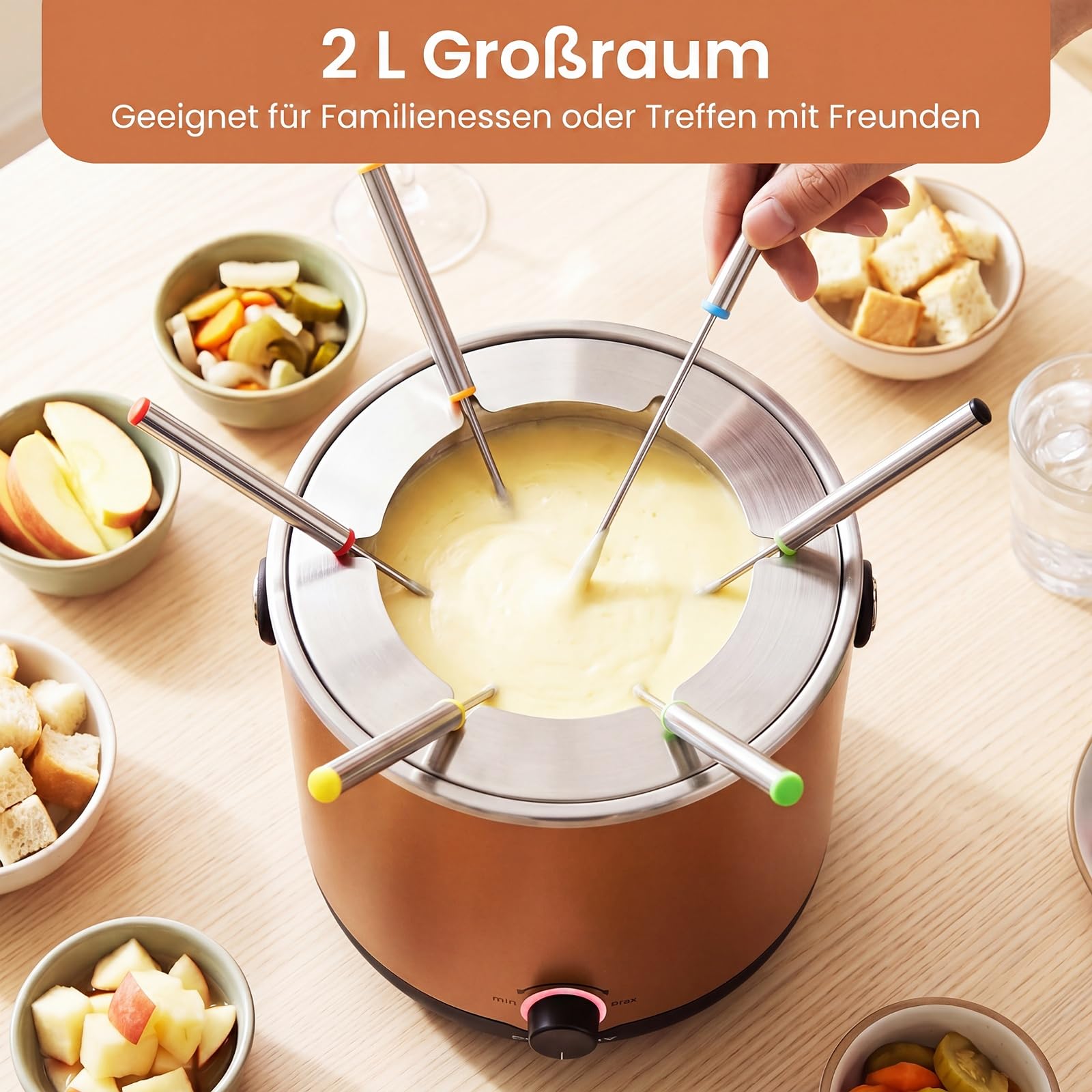 COSTWAY Elektryczny zestaw do fondue, 2 l, 800 W, ze stali nierdzewnej, czekoladowe fondue z 6 widelcami do fondue i ochroną przed pryskaniem, nadaje się do mycia w zmywarce, przenośne fondue serowe z