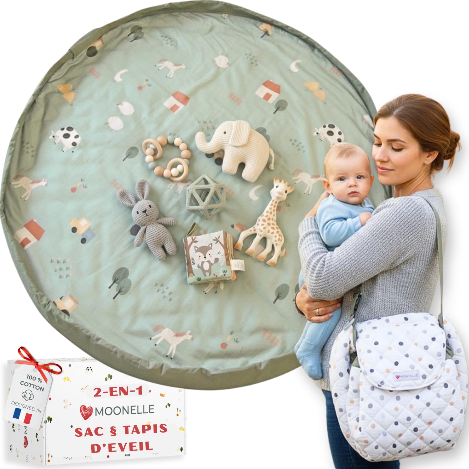 Tappeto Eveil Bebe 2 in 1 convertibile in borsa per riporre giocattoli e borsa per pannolini, tappeto da gioco XL 130 cm, rotondo, in cotone spesso lavabile, regalo per nascita, ragazzo, animali della