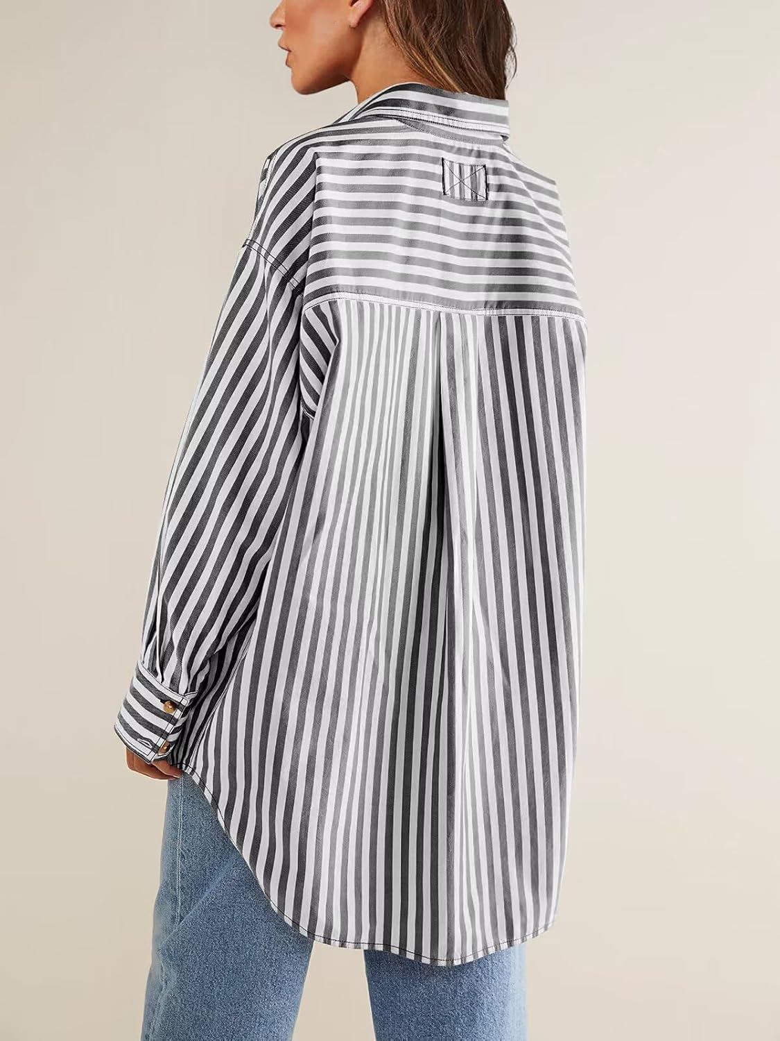 Womens Button Down Shirts Striped Classic Long Sleeve Collared Office Work Blouses Tops with Pocket - Image 4