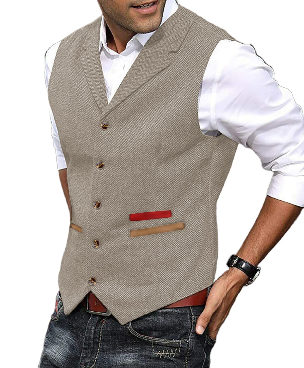 Yiaisafa Formal Mens Vests Tweed Waistcoats Wool Retro Herringbone Vintage Lined Wedding Groomsman Lined Hunting S-3XL(Champagne,XXXL)