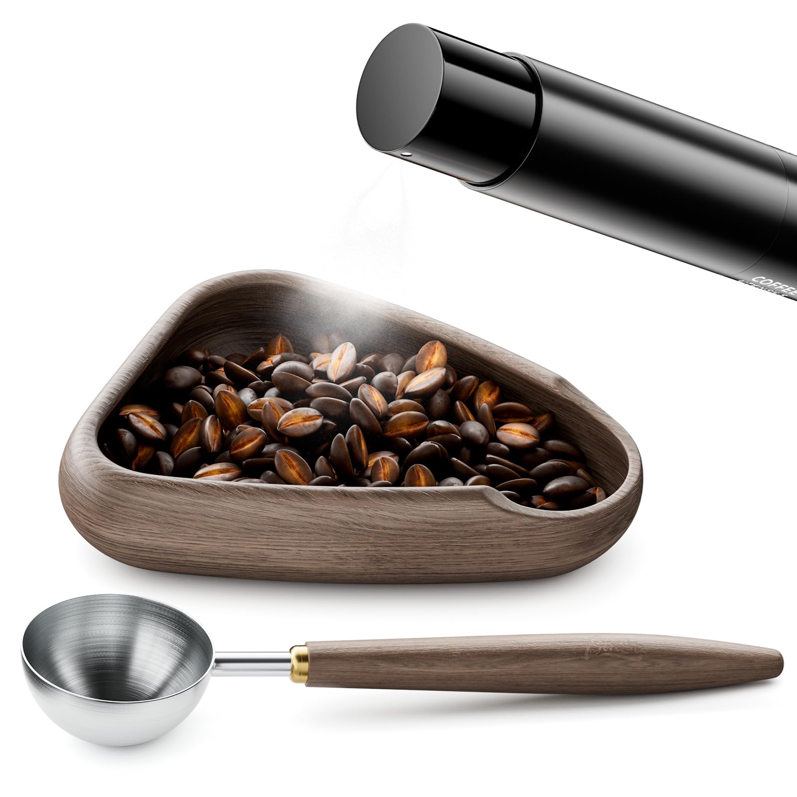 Walnut Dosing Cup with Spoon and 8ml Coffee Spray Bottle Set, Walnut Dosing Vessel, Mini Portable Spray Set for Static Reduction