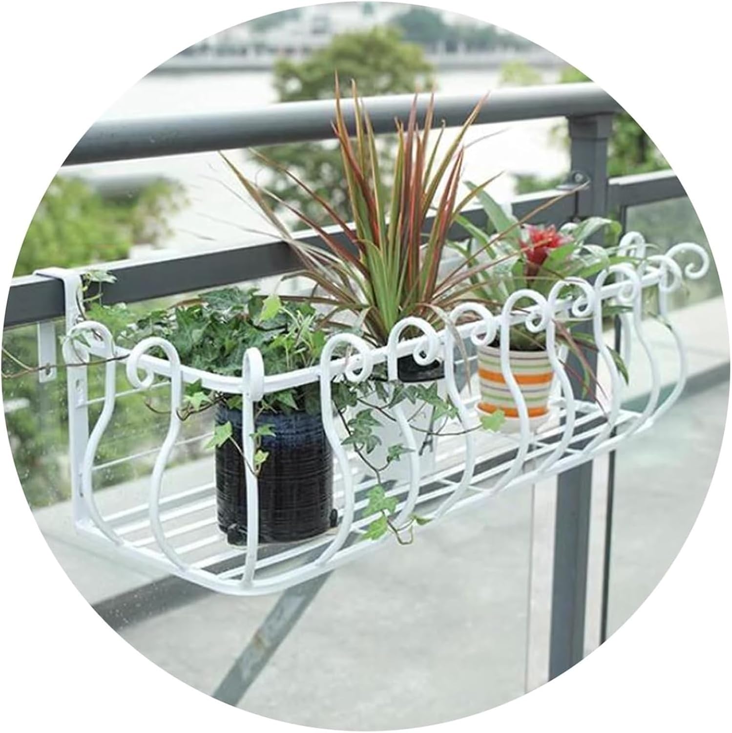 Railing Planter Box, Fence Planters with Hooks, Hanging Plant Stand for Window Sill & Guardrail, Round/Square Potted Plant Holder (Black, 60x28x22cm)
