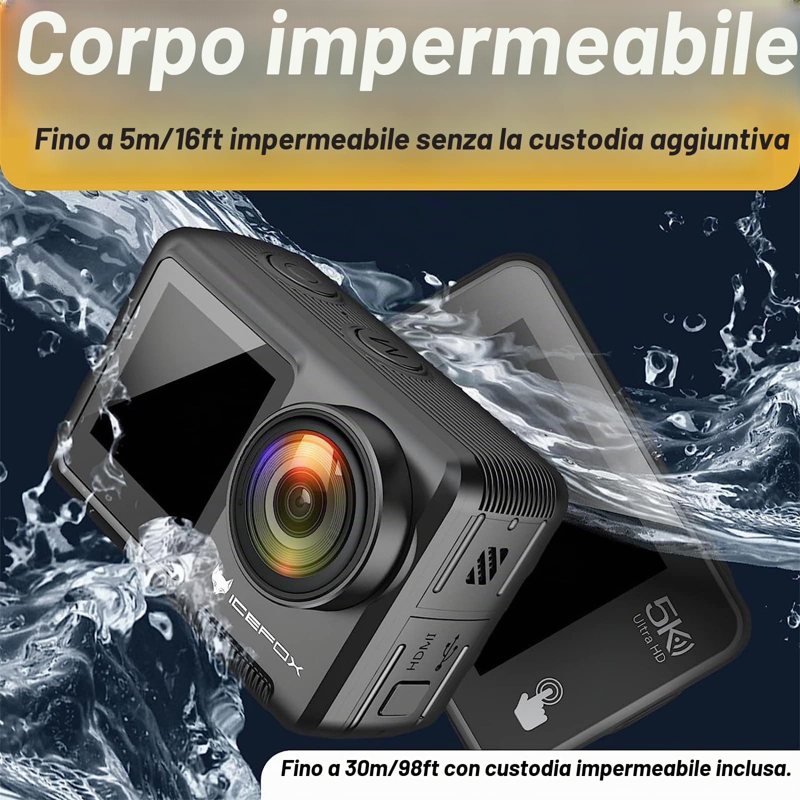 icefox Action Cam 5K 20MP 30FPS WiFi, Fotocamera Subacquea 30M con Touch Screen, Stabilizzatore EIS 170° Grandangolare 4x Zoom, Action Camera con Telecomando e Kits di Accessori