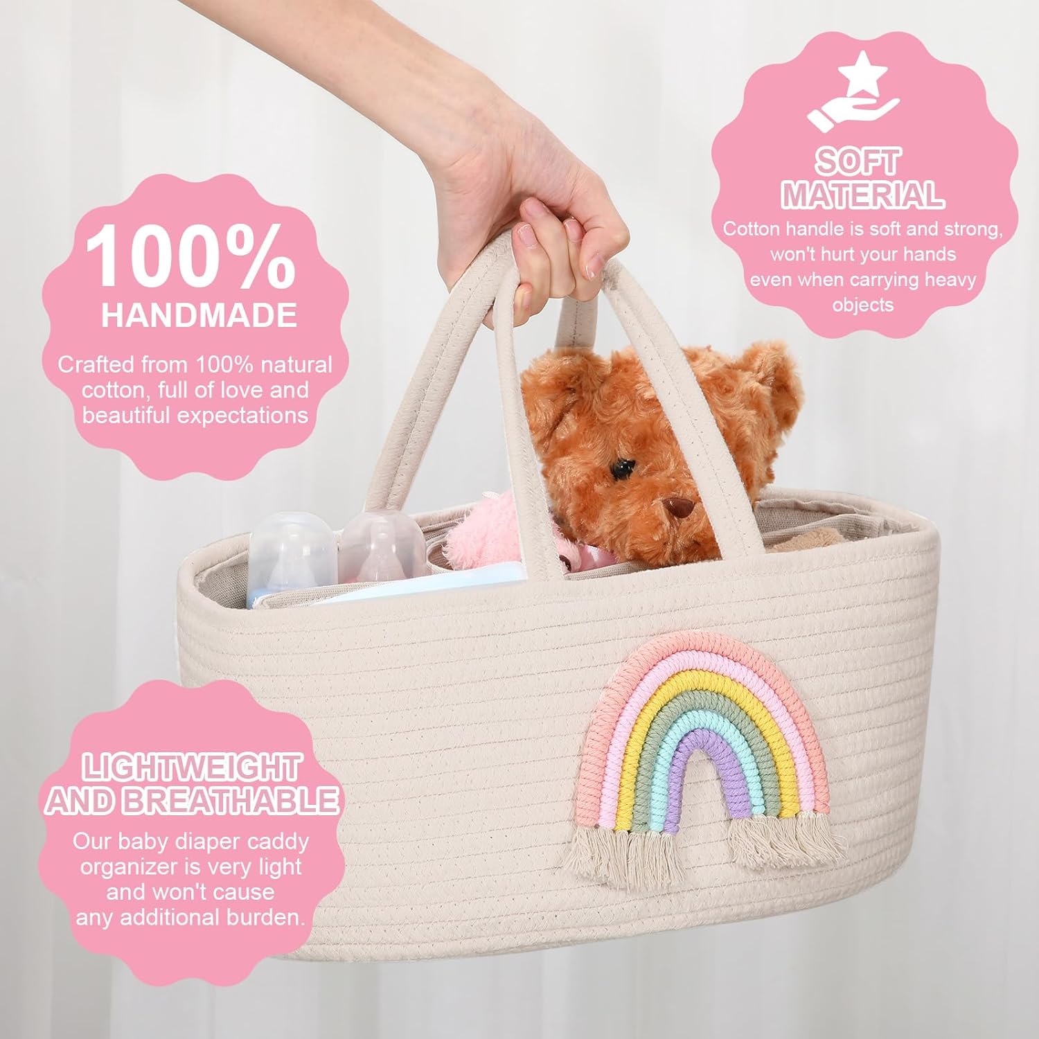 Aliceset Diaper Caddy for Baby Girl Boy Rope Nursery Storage Bin Basket Portable Holder Tote Bag for Changing Table Car Travel Baby Shower Gifts Newborn Essentials Registry Must Have Items(Rainbow)