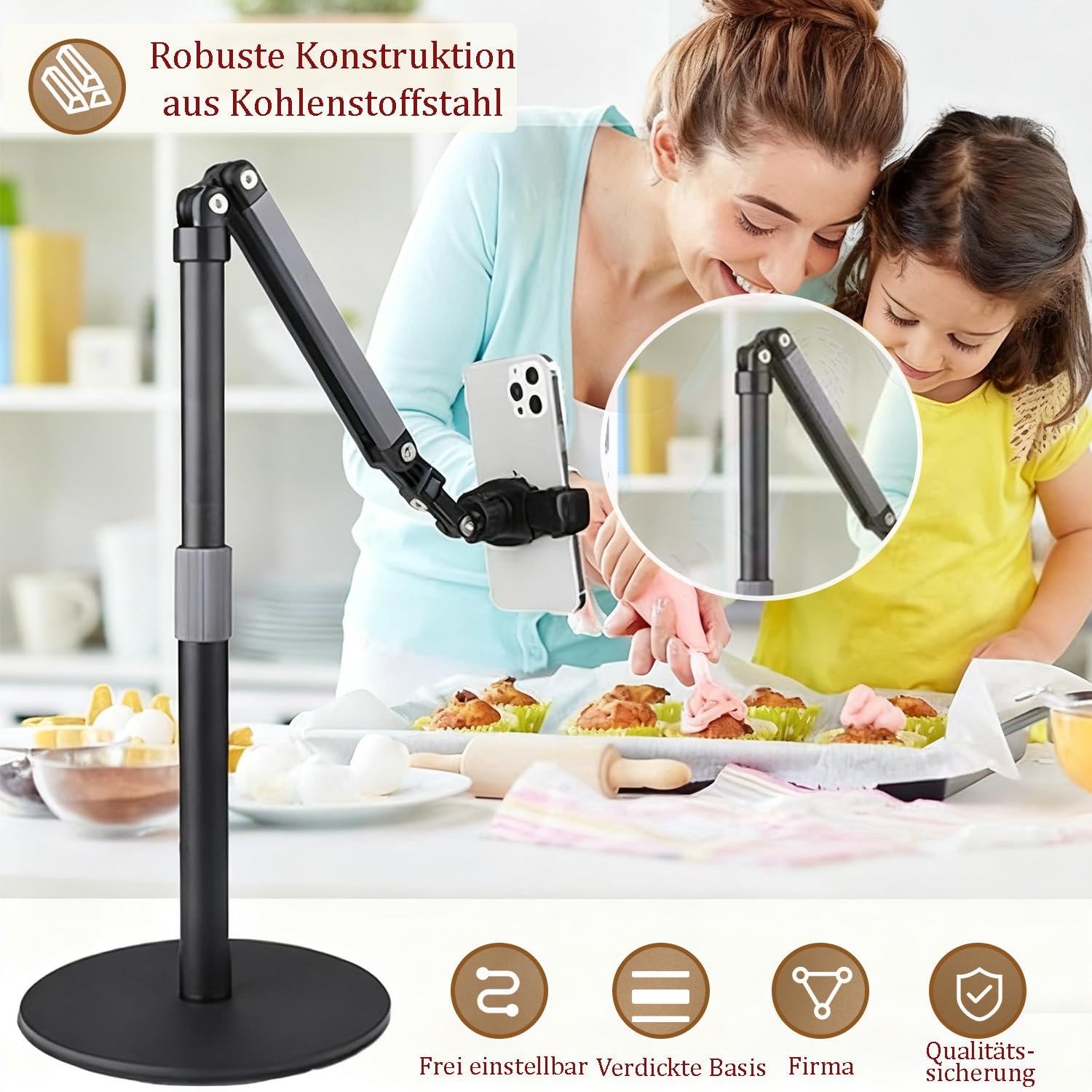 Handyhalterung Tisch,360° Schwenkbarer Handy Ständer Schreibtisch,Höhenverstellbar Handyhalter,Handy Halterung Tisch mit Stabilem Sockel,Phone Ständer für die Fotografie,Meetings (Schwarz)