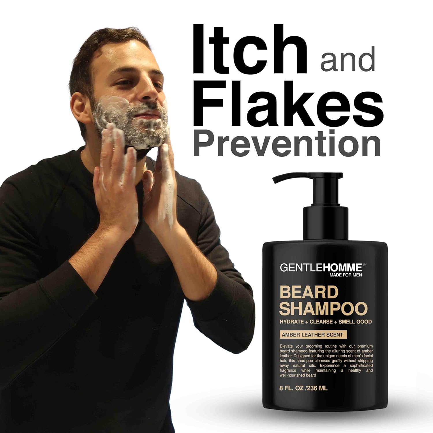 Gentlehomme - Beard Shampoo - Men’s Beard Wash - Hydrate, Cleanse, Soften & Strengthen - For Itchy & Flaky Facial Hair - With Witch Hazel - All Skin & Beard Types - Vegan - Amber Leather Scent - 8oz