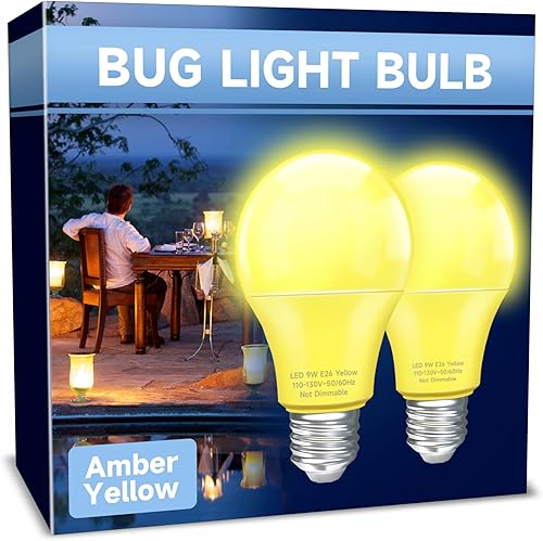Bombillas A19 para insectos, bombilla LED amarilla para insectos, equivalente a 9 W de 60 W, bombillas amarillas ámbar para exteriores, base E26