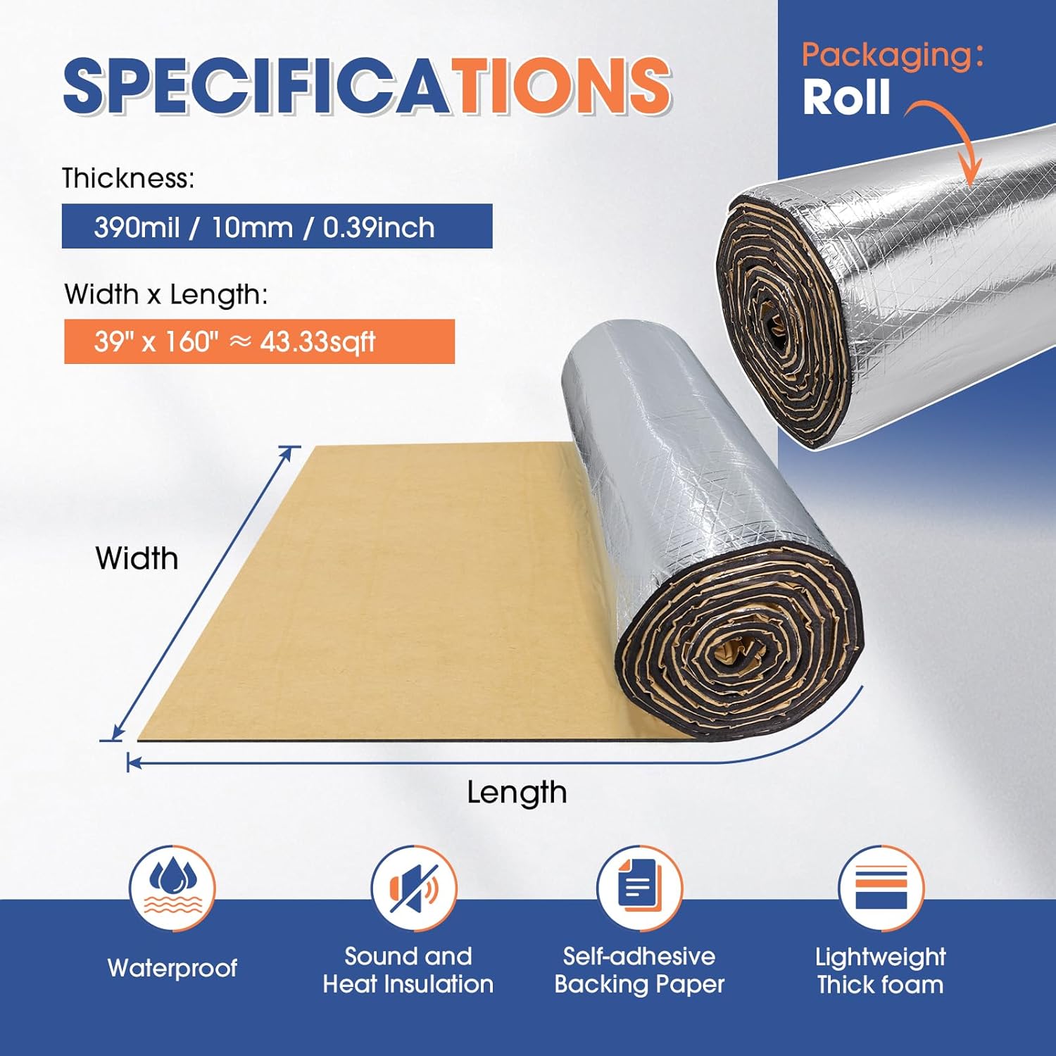 10mm 39"x160" Automotive Sound Deadening Mat Noise Reduction Sound Deadener Insulation Thermal Barrier Pad Aluminum Foil Material for Cars Floor/Hood