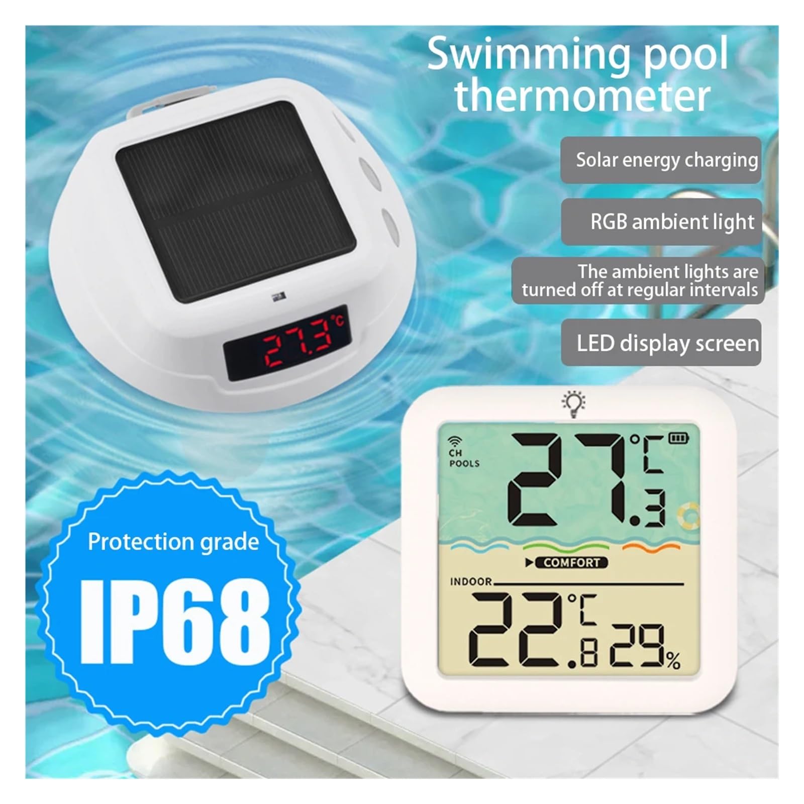 TermóMetro De Piscina Medidor De Temperatura Del Agua Con Energía Solar Y Pantalla LED, Termómetro Flotante For Piscina, Monitor De Temperatura De La Bañera, Suministros For Piscinas FáCil De Usar(Sty