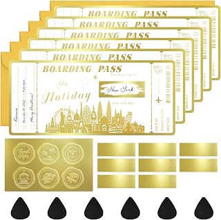 6PCS Golden Boarding Pass Gift Ticket, Golden Flight Ticket Scratch-off Card with Envelope, Unique Plane Ticket Gift, Scratch & Reveal Surprise Airplane Ticket for Vacation, Trip, Birthday,