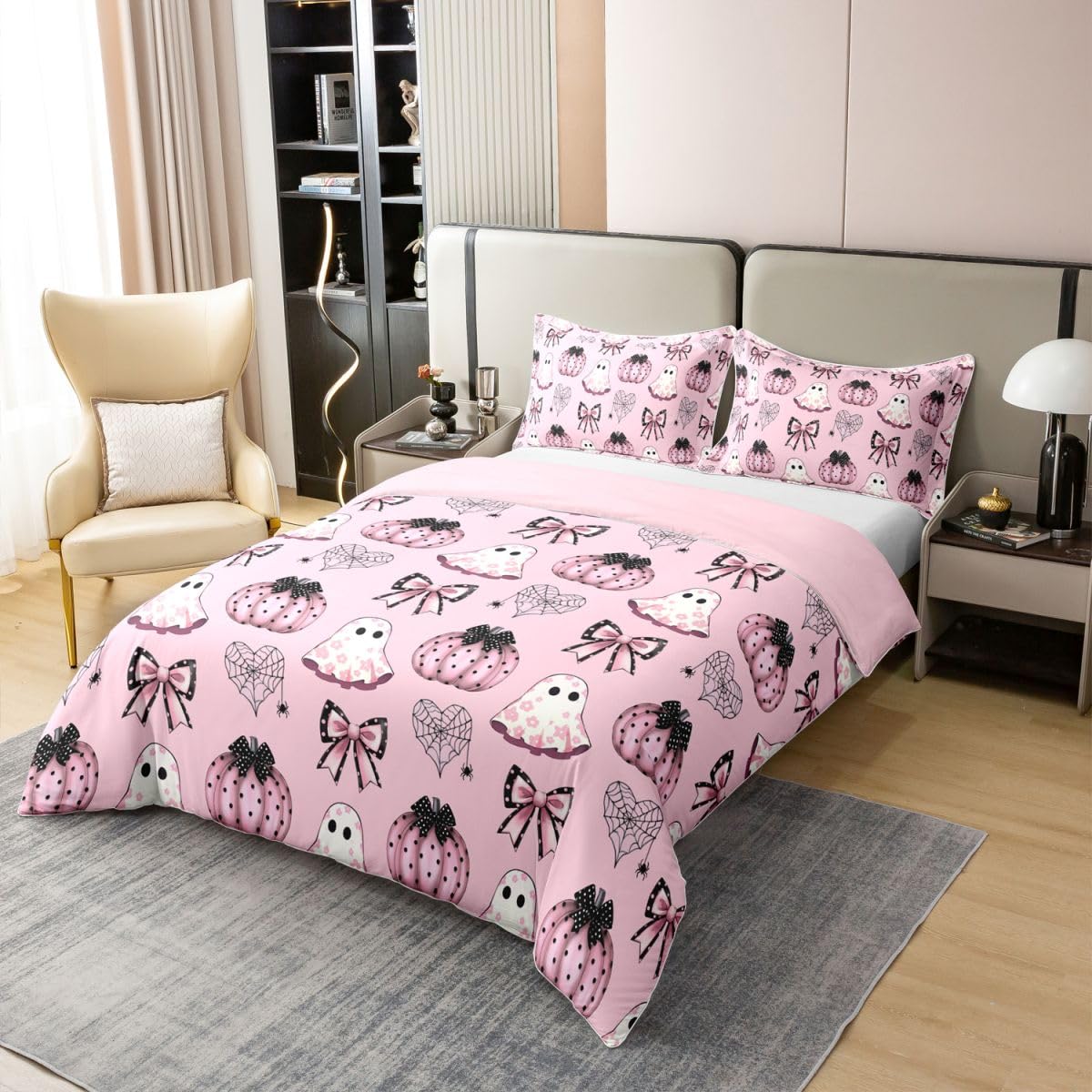 Loussiesd Happy Halloween Copripiumino 100% Cotone Letto King per Bambini | Set di biancheria da letto floreale rosa a pois con fiocco fantasma zucca cuore ragnatela floreale 2 pezzi decorazione