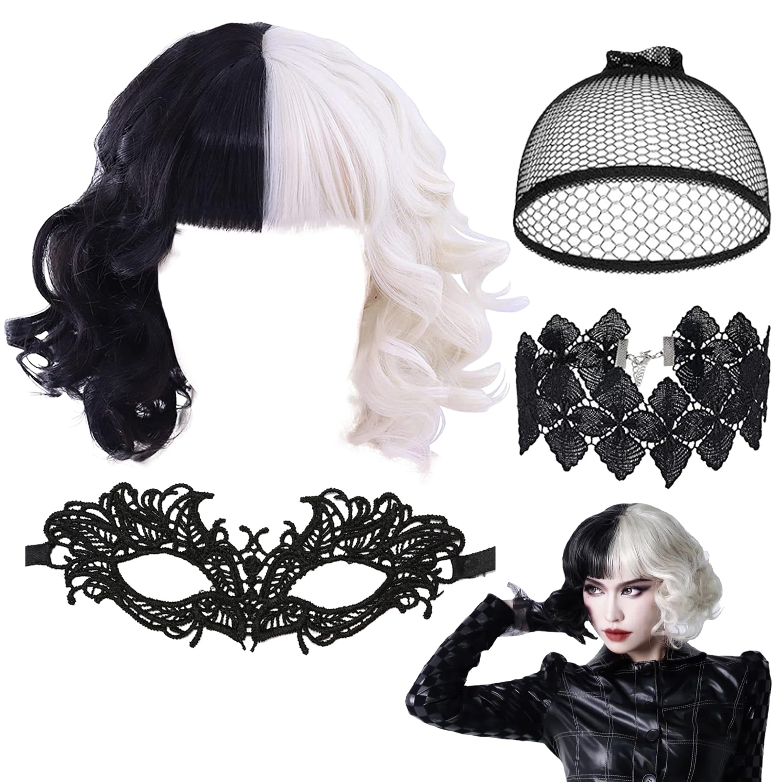 BERON Peluca negra y blanca para disfraz de Halloween, peluca de mujer con máscara de ojos, peluca corta rizada con flequillo con accesorios de disfraz