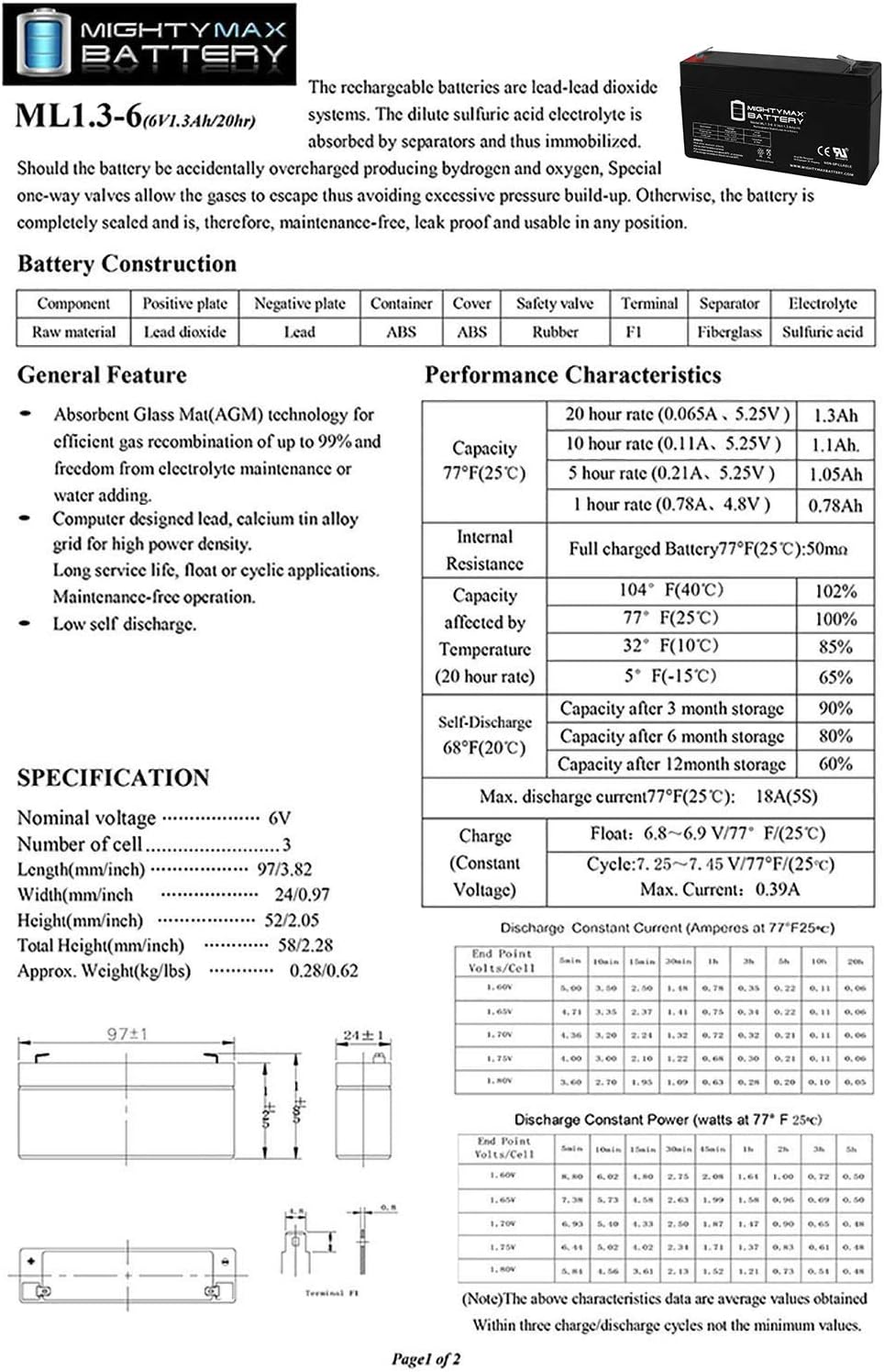 ML1.3-6 - 6 Volt 1.3 AH, F1 Terminal, Rechargeable SLA AGM Battery : Health & Household