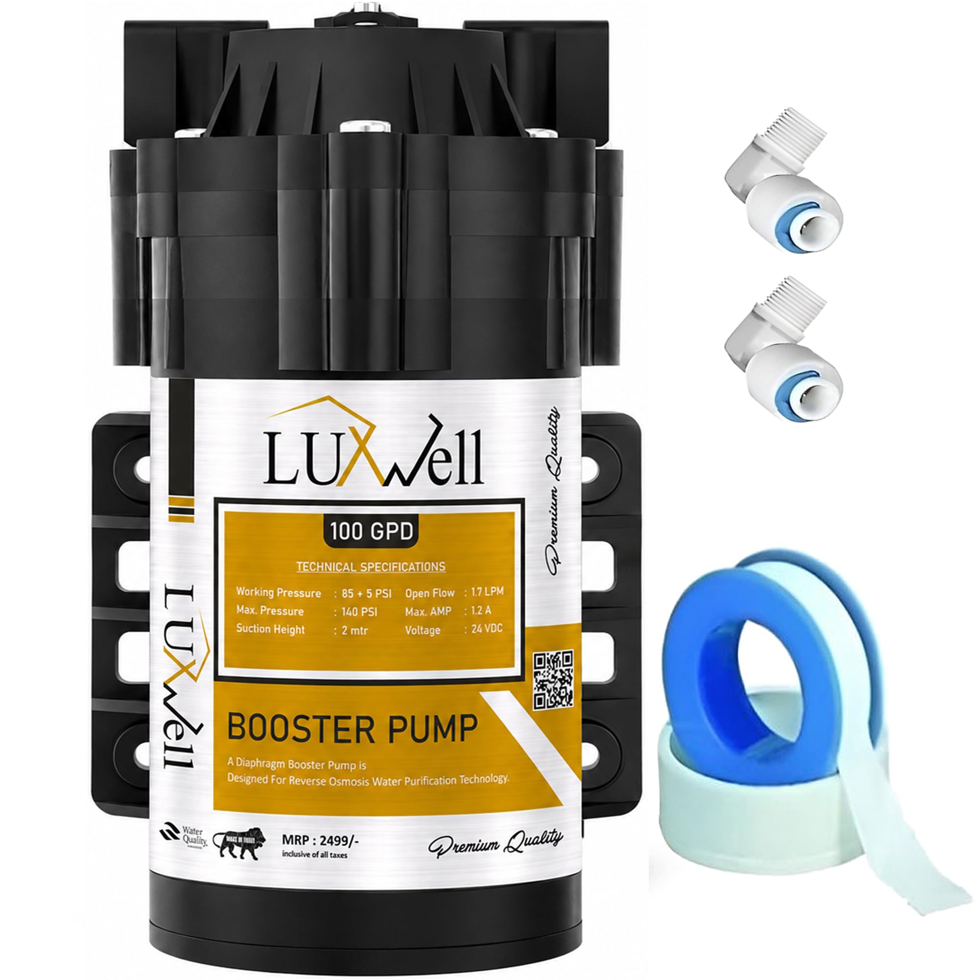 LUXWELL Booster Pump for RO/Water Purifier - 100 GPD, 24v DC Full Copper Winding, Free Elbow And Taplon Tape - Universal RO Motor - Compatible with all RO Brands - 2 Year Warranty-image-46
