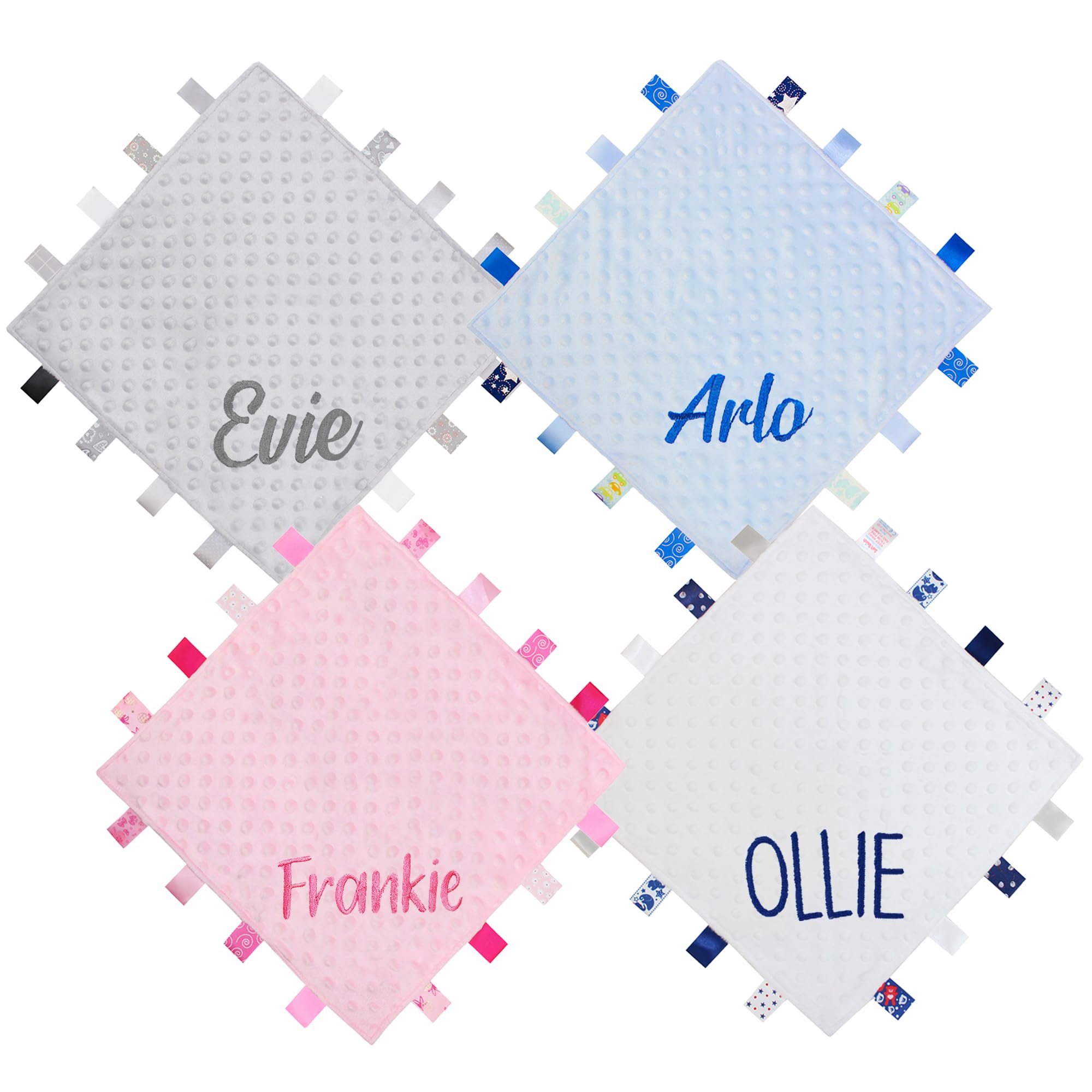 TeddyT's Personalised Baby Name Embroidered Ribbon Taggy Blanket Comforter in Blue, Pink, Grey or White with Satin Lining (Baby Blue)