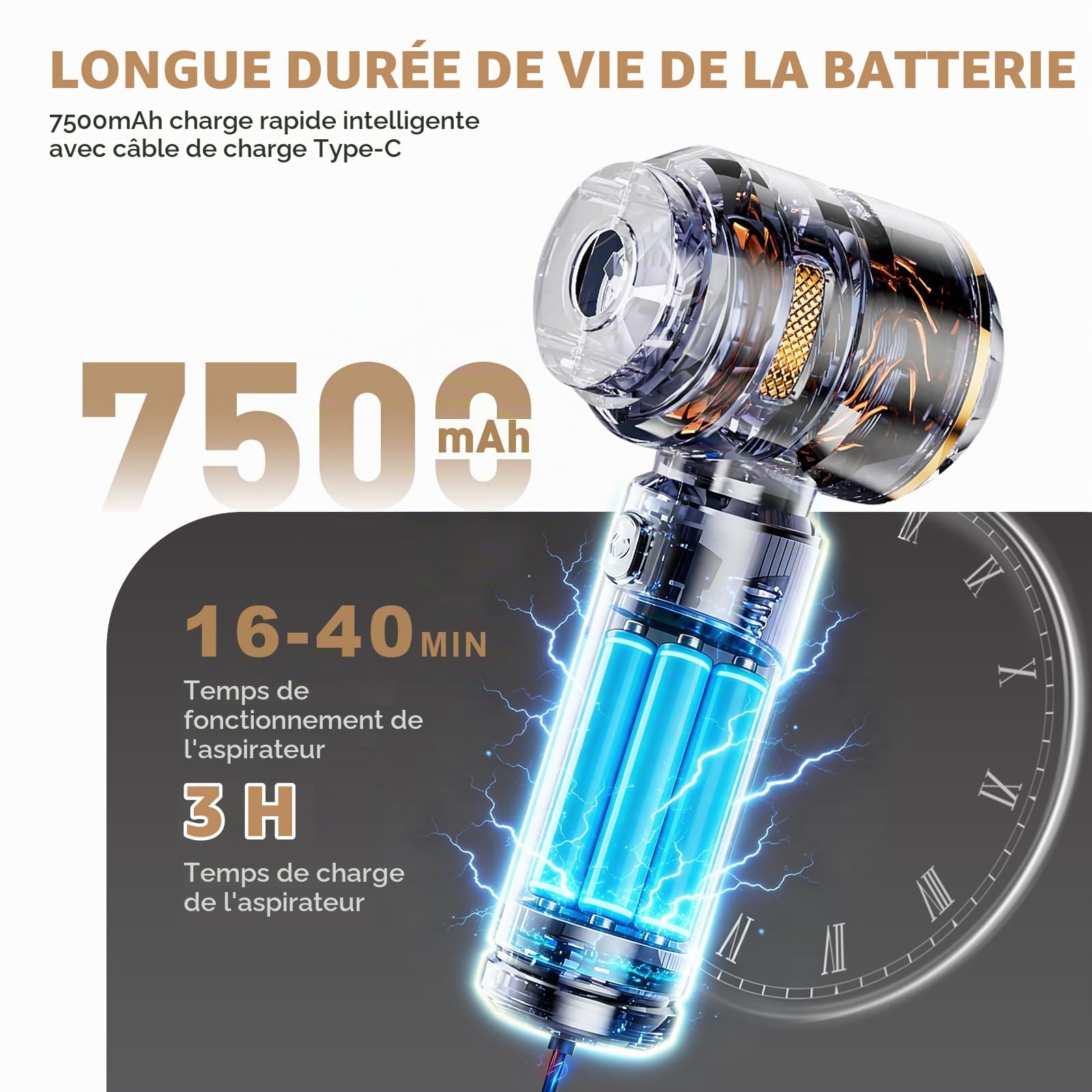 KITBEZN Aspirateur à Main, 27KPA Aspirateur Voiture Puissant | 4-in-1 Mini Aspirateur sans Fil, Aspirateuravec Moteur sans Brosse avec 3 Niveaux pour les Poils D'animaux, Voiture, Maison