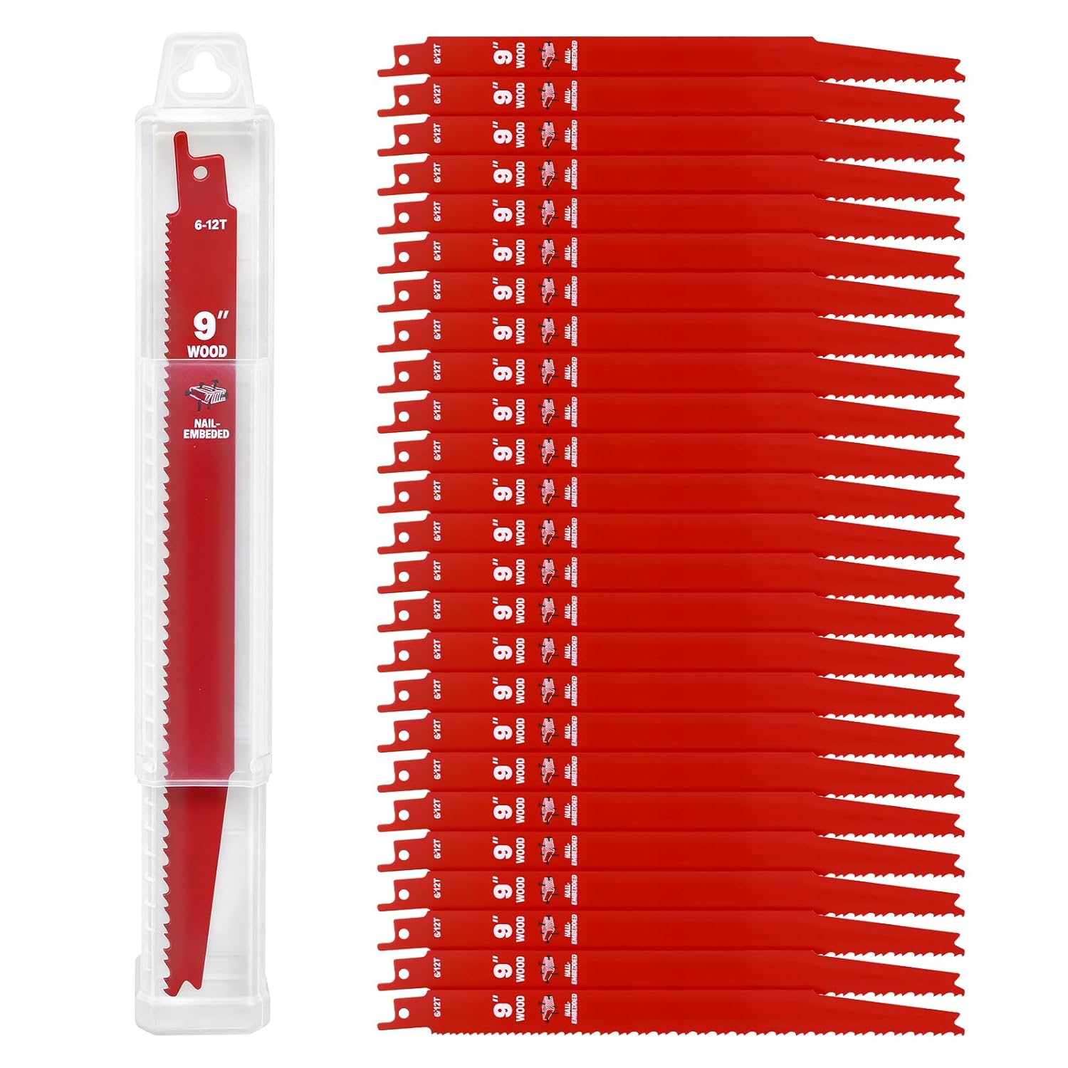 25-Pack 9" 6/12 TPI Bi-Metal Auto Dismantling Saw Blades for Wood with Nails, Metal Cutting – Red Reciprocating Blades