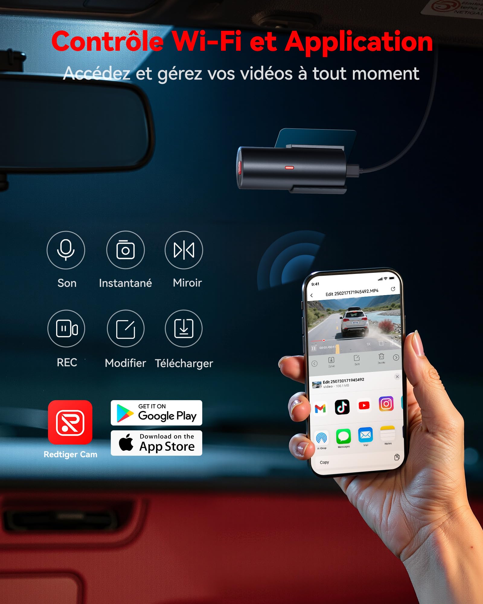 REDTIGER 4K Dashcam Voiture Avant, WiF avec App, Vision Nocturne