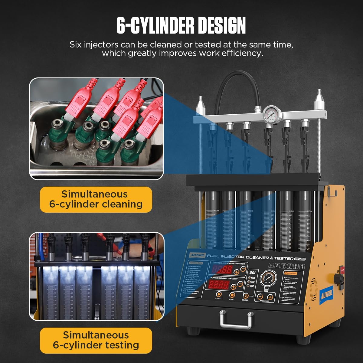 AUTOOL GDI Auto Ultraschall Injektor Reinigungsmaschine 220V, Benzin Diesel Kraftstoffinjektor Tester mit 6 Zylindern für Verschiedene Kraftstoffinjektoren