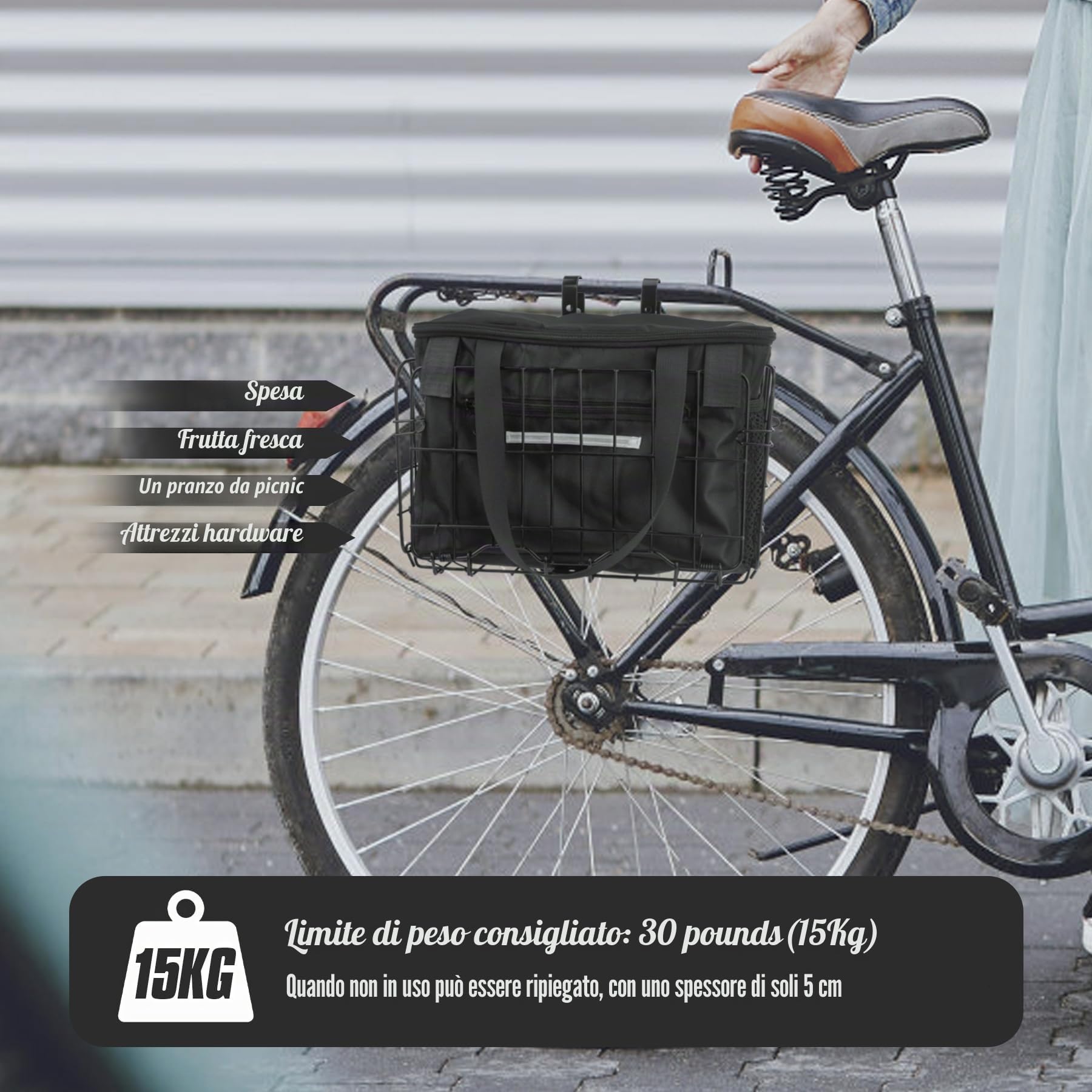 Spesh Cestino per bicicletta pieghevole, in filo di acciaio, con fodera in nylon nero, design a sgancio rapido, per trasportare la spesa