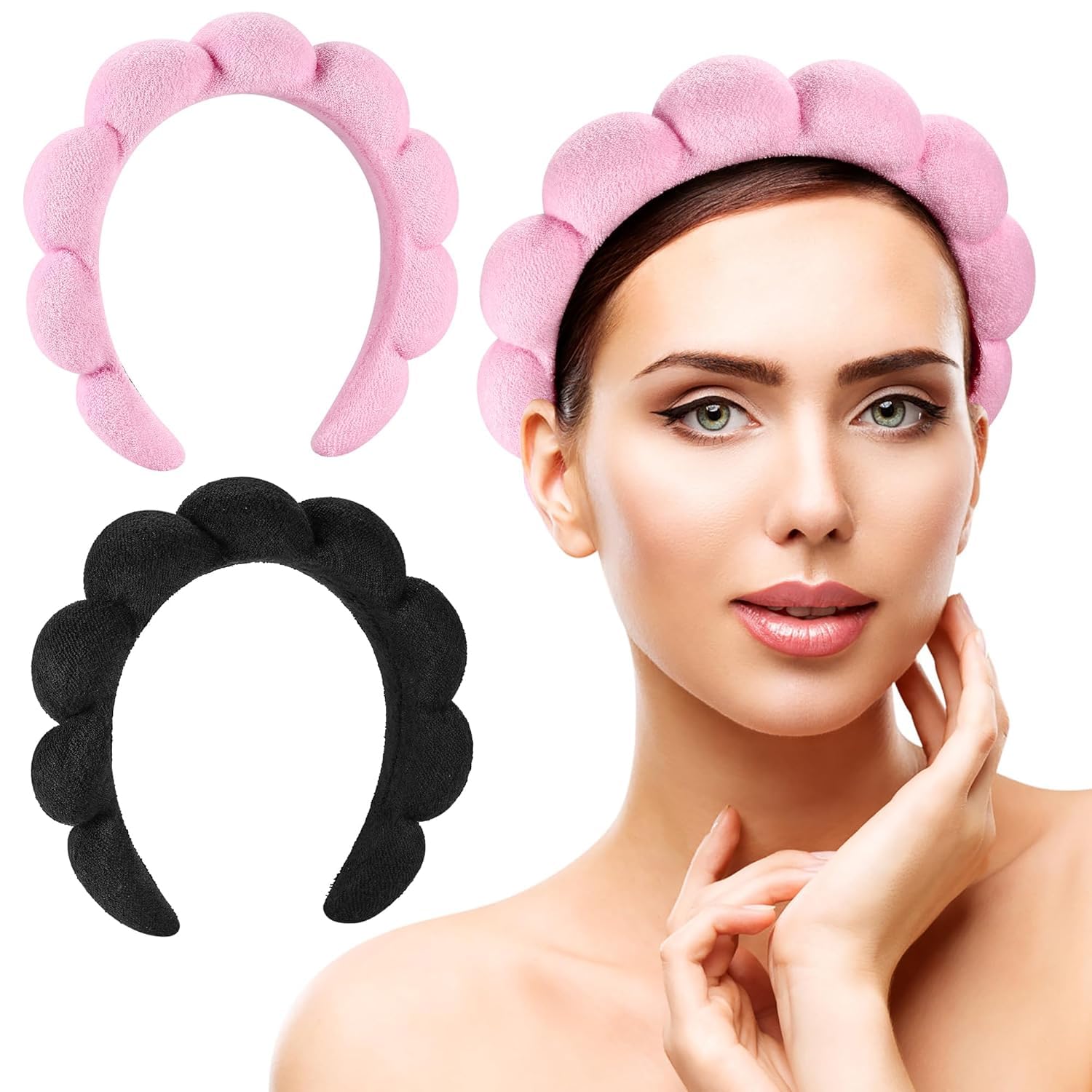 MISS LIRENN® Spa Headbands for Washing Face or Facial, Set of 2 Skincare Headbands, Terry Cloth Headband Combo Pack - Puffy Makeup Headbands for Face Washing, Mask, Skin Treatment (Pink & Black)