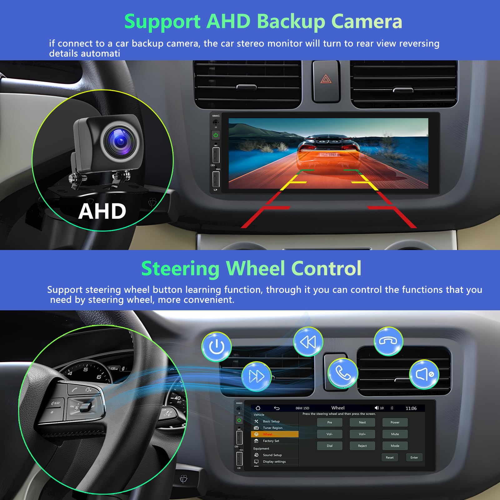 Podofo Autoradio 1 Din avec CarPlay Android Auto, Écran Tactile de 6.86 Pouces Bluetooth Radio avec FM Lien Miroir + AHD Caméra de Recul&Mic