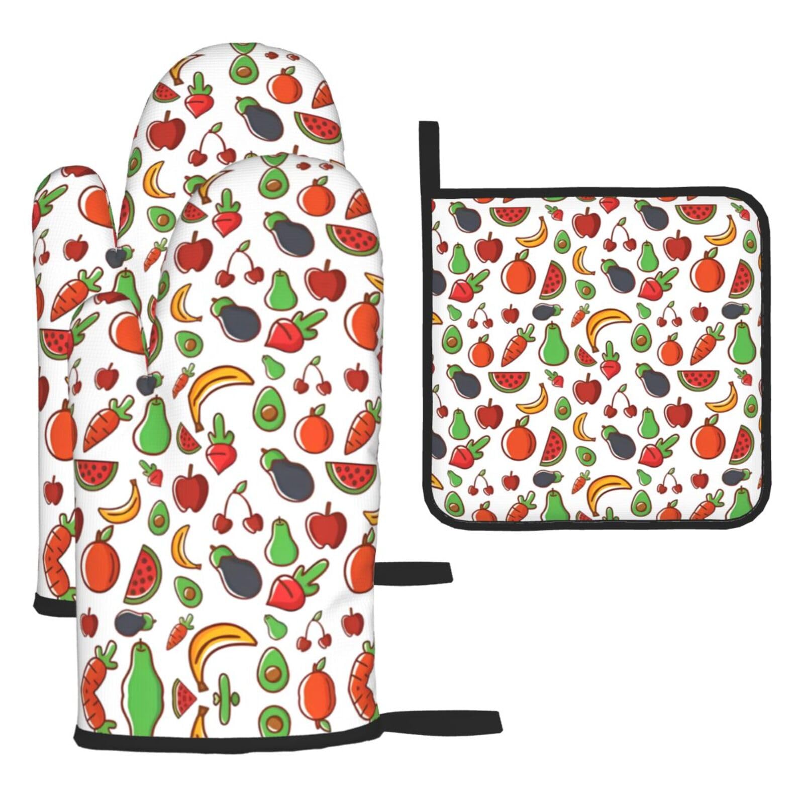Vegetable Fruit 3 Piece Kitchen Oven Mitt Set Heat Resistant Gloves with Pot Holder Mat Polyester Printed for Cooking Baking BBQ Grill