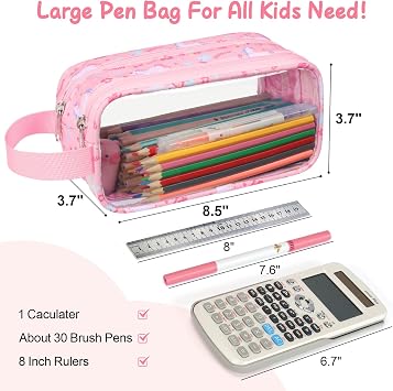 Bagseri Clear Pencil Pouch for Kids, Large Capacity Girls Pencil Case with Handle, Water Resistant Transparent Zipper Bag for School Supplies, Markers and Calculator, Pink Unicorn