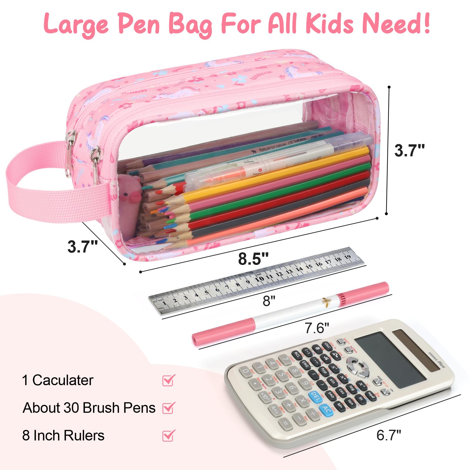Bagseri Trousse à crayons transparente pour filles – Jolie trousse à crayons pour filles avec poignée – Grande trousse à crayons transparente à fermeture éclair (licorne rose)