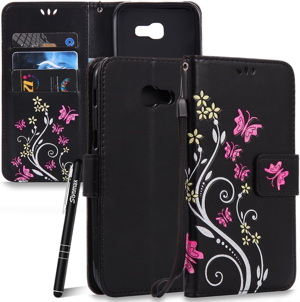 Slynmax Case for Samsung Galaxy A5 2017, Samsung Galaxy A5 2017 Flip Wallet Phone Case, Embossed Flower Butterfly Design Premium PU Leather Flip Phone Cover + 1* Stylus Pen