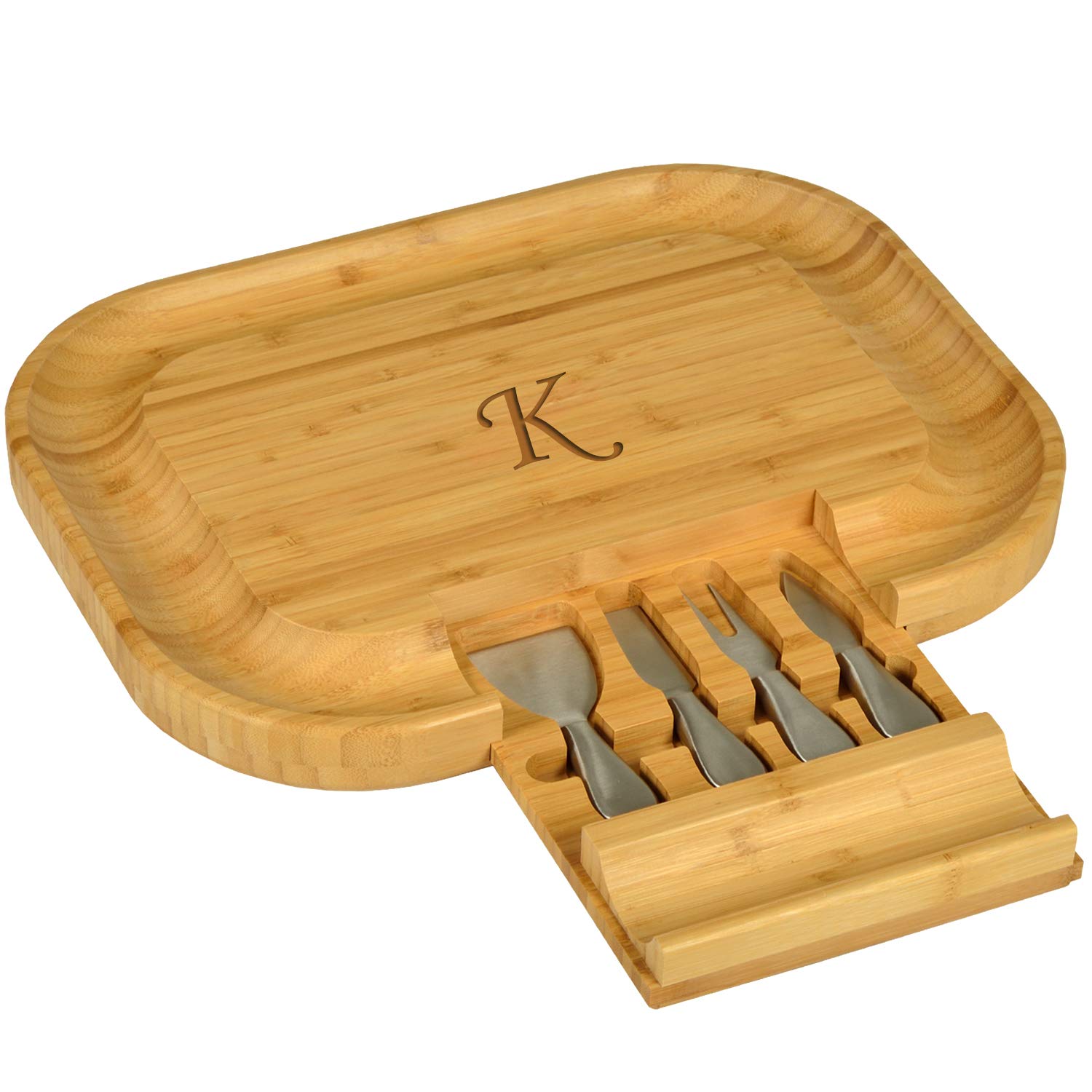 Picnic at Ascot Personalized Monogrammed Engraved Bamboo Cutting Board for Cheese & Charcuterie - includes Knife Set & Cheese Markers- Designed & Quality Checked in USA