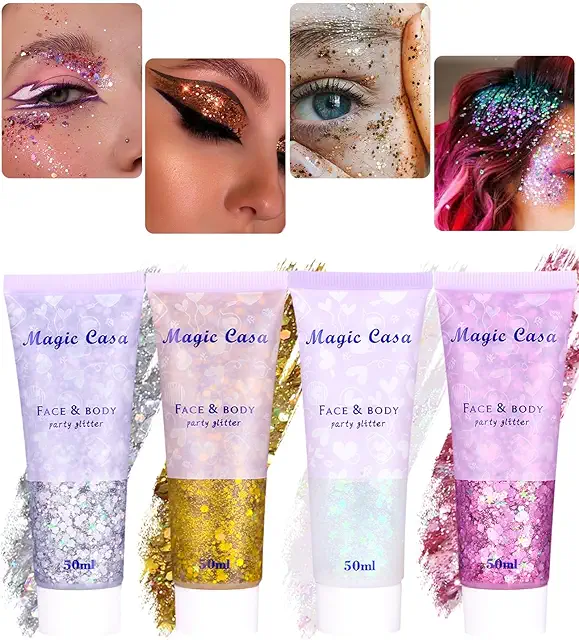 4 Stück Body Glitter Gel 50ml - Glitzer für Gesicht, Haare & Nägel - Glitter til hår