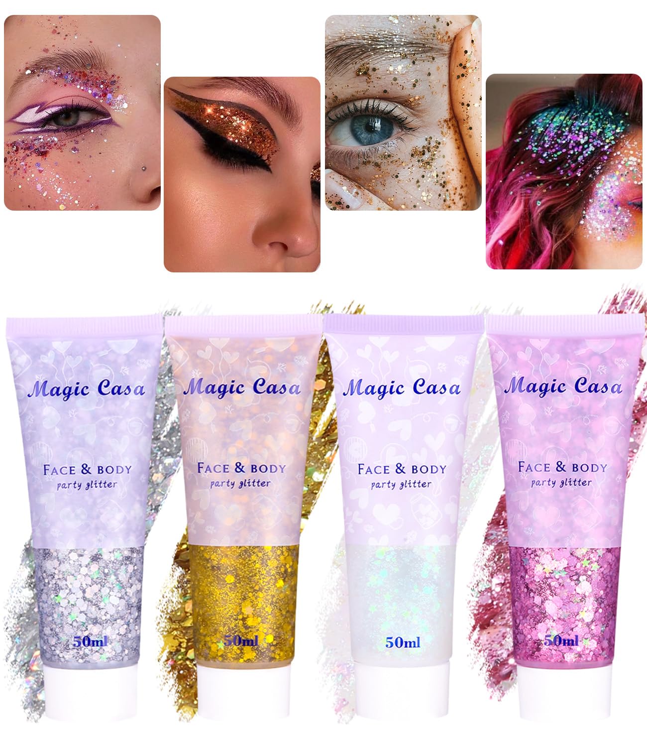 4 Pièce Paillette Maquillage Gel Paillettes Gel Paillettes Visage Glitter Body Gel Chunky Paillettes pour Cheveux, Corps, Visage, pour Festival Fête Noël Pâques Maquillage Décoration (50ml)