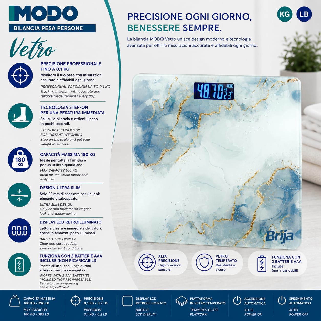 IPEA Bilancia Pesapersone Digitale Ultra Sottile - Tecnologia STEP ON - Massima Precisione Peso - Deisgn Effetto Marmo - Bilancia in Vetro Temperato con Display misurazione fino 0,1 KG - Max 180Kg