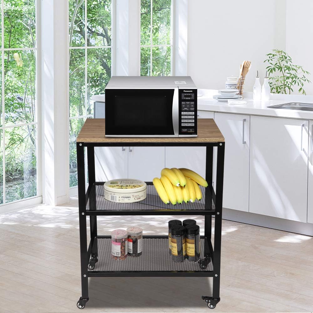 3-Tier Kitchen Microwave Cart, Rolling Kitchen Utility Cart, Standing Bakers Rack Storage Cart with Metal Frame for Living Room (Light Brown) - Standing Baker's Racks